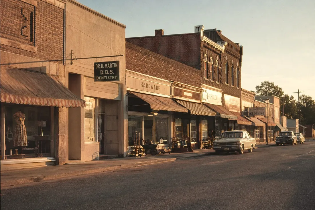 A small town main street of storefronts, awnings and parked cars in the middle of the twentieth century.