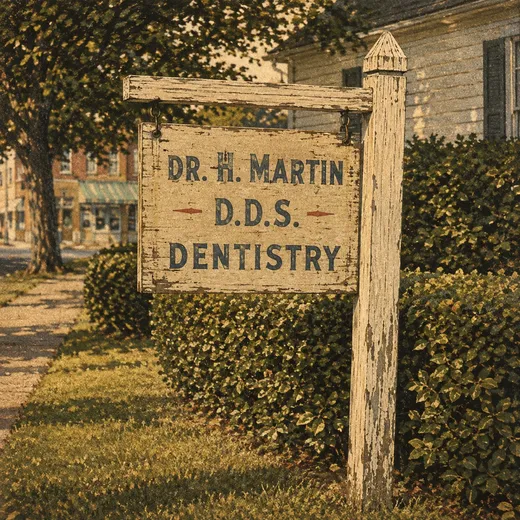 A weathered hand-painted dentist's shingle sign at the edge of a lawn