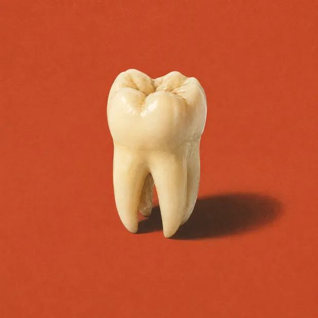 A single molar lit and shot as a product, centred on a flat red ground with one hard shadow