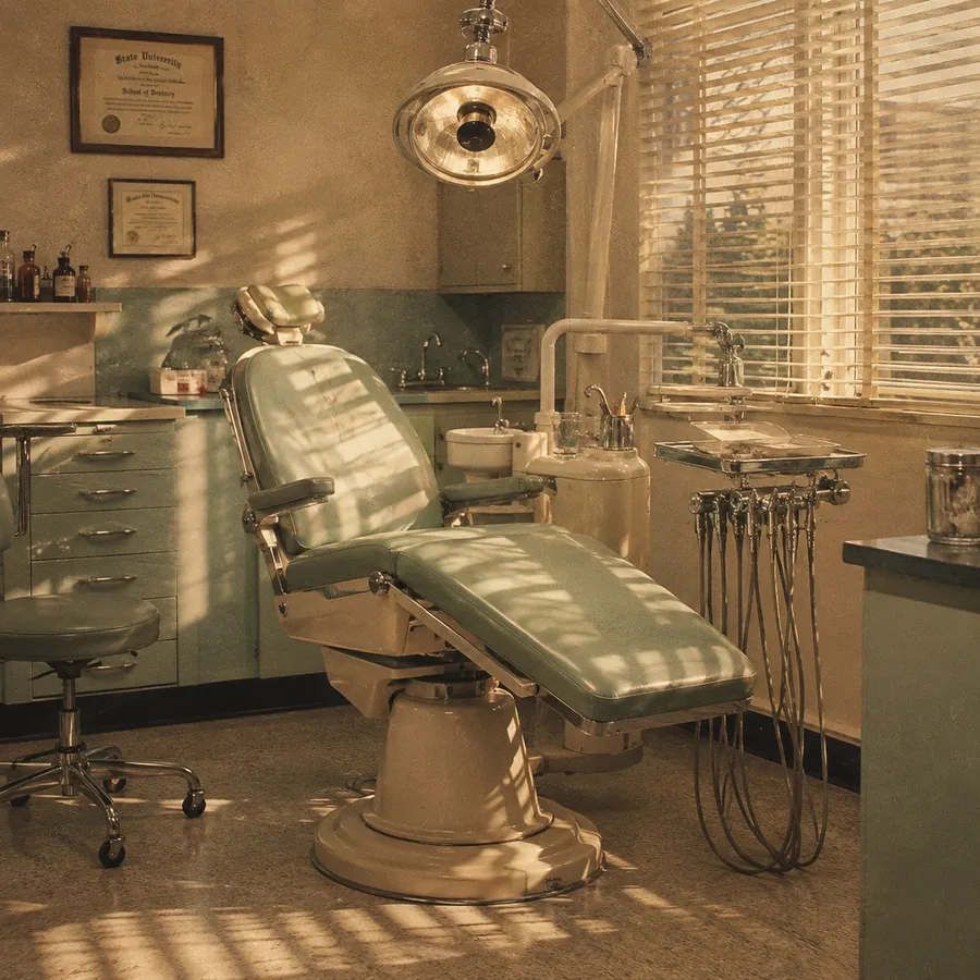 A mid-century dental operatory with a sage green chair, chrome lamp and venetian blinds