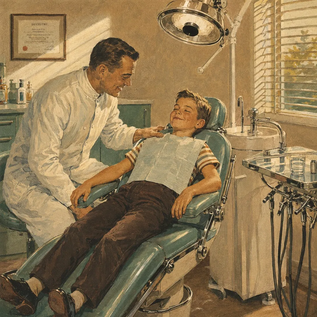 A painted illustration of a dentist leaning toward a relaxed child in a dental chair, one hand on the child's shoulder
