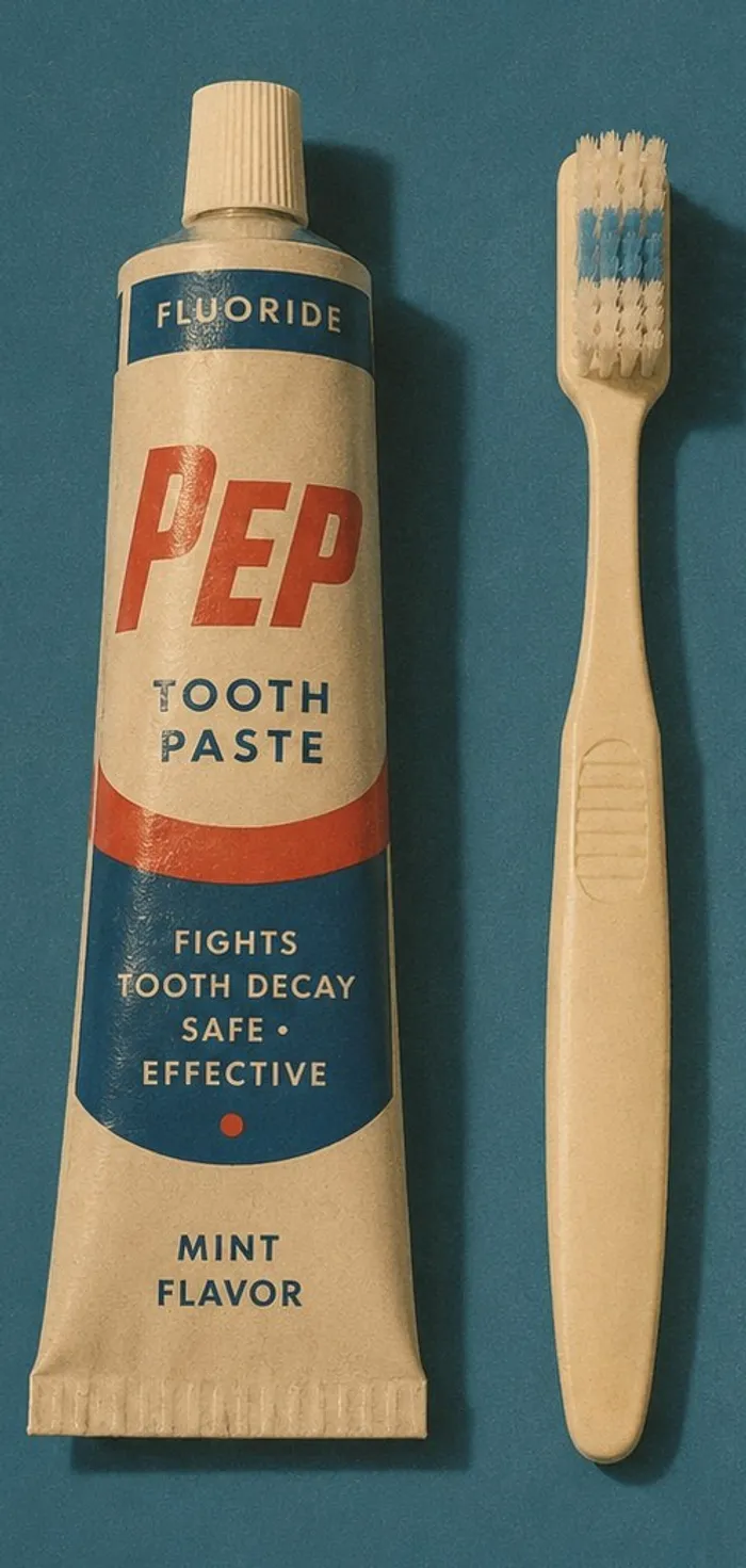 A tube of toothpaste and a toothbrush arranged as a flat-lay still life on a blue ground