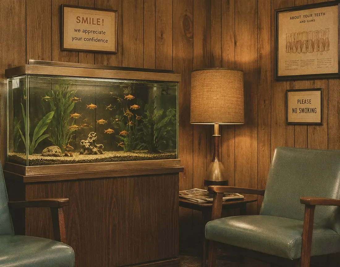 A wood-panelled dental waiting room with a fish tank, a lamp and two vinyl chairs