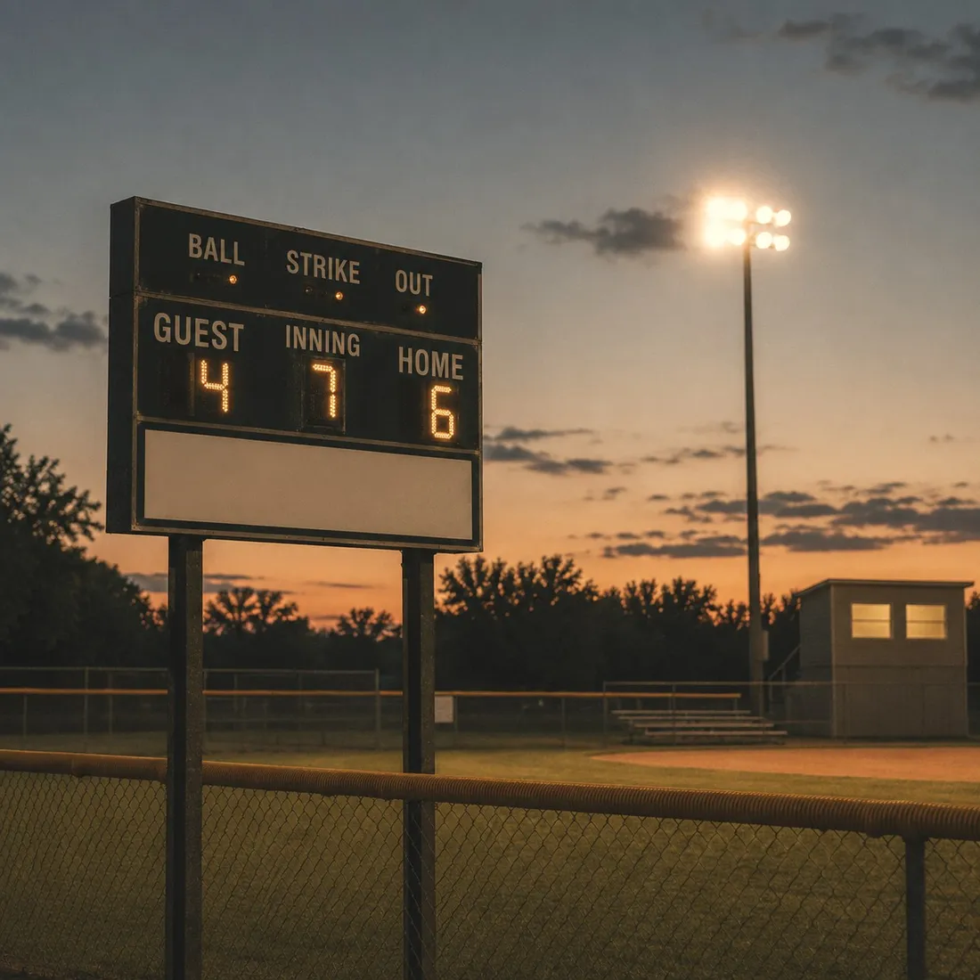 A little league scoreboard at dusk with an empty sponsor panel below the score