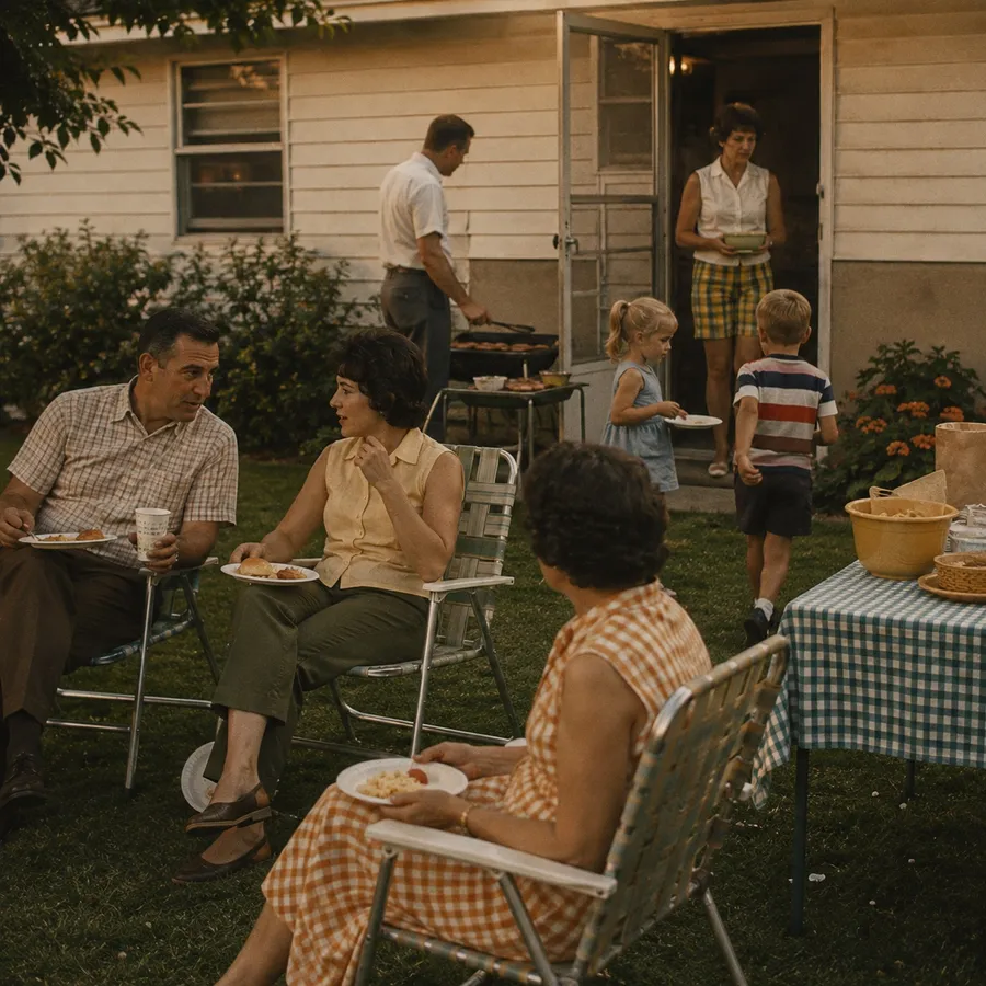 Neighbours and family eating together in a back garden on a summer evening, folding chairs pulled into a circle