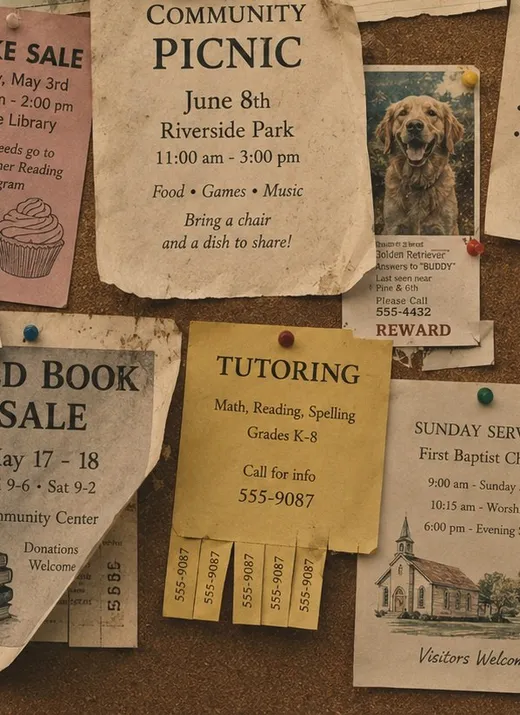 A community bulletin board layered with pinned flyers and notices