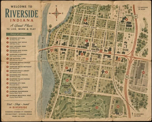 A folded chamber of commerce town map with numbered points of interest
