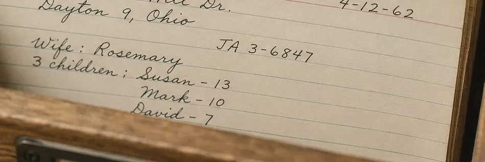 Handwritten patient index cards in a wooden drawer, showing an address, phone number and family details